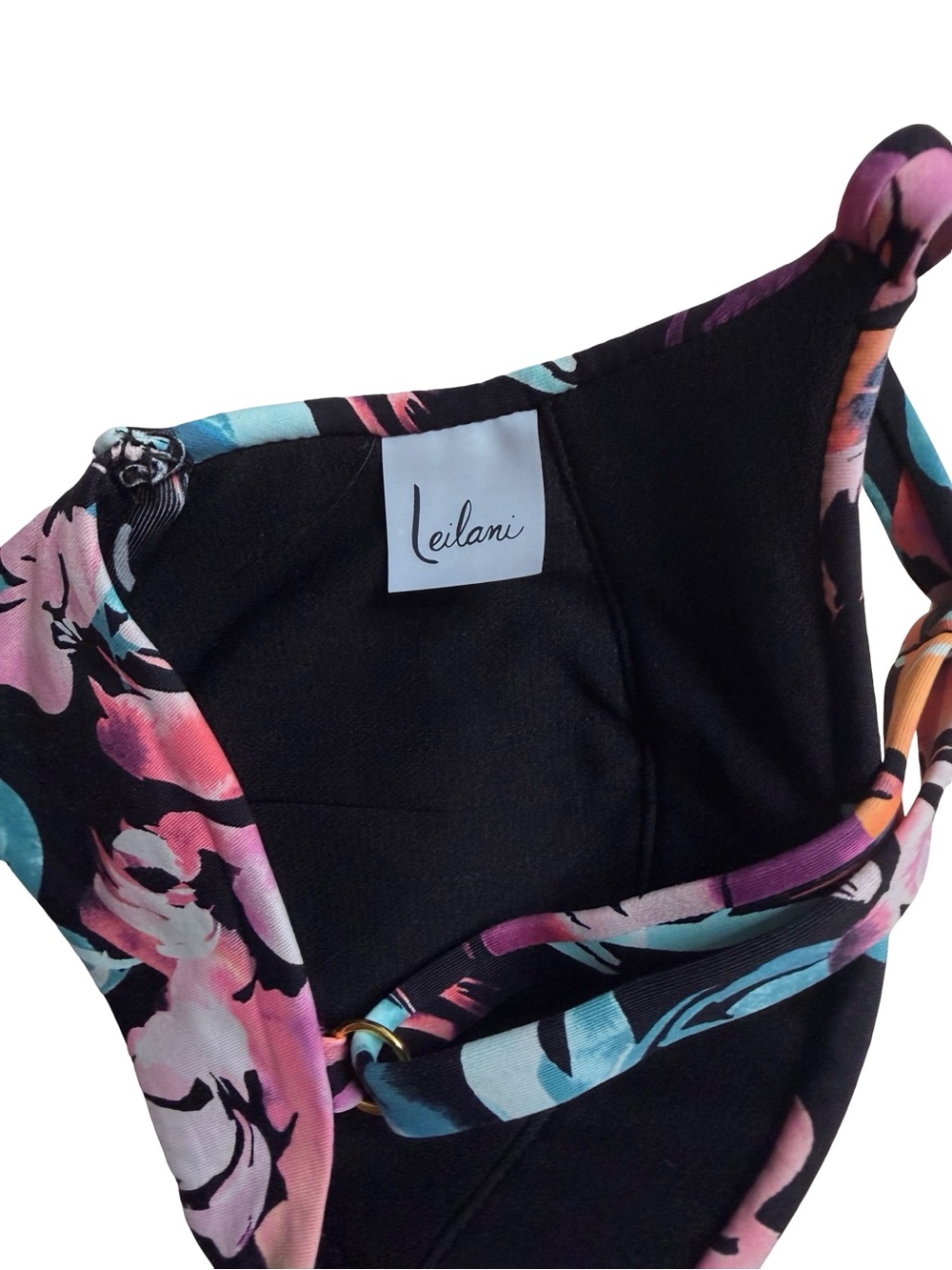 Leilani Gemini Bikini Top Black Floral Underwire Gold Hardware Sz XS - Picture 3 of 5